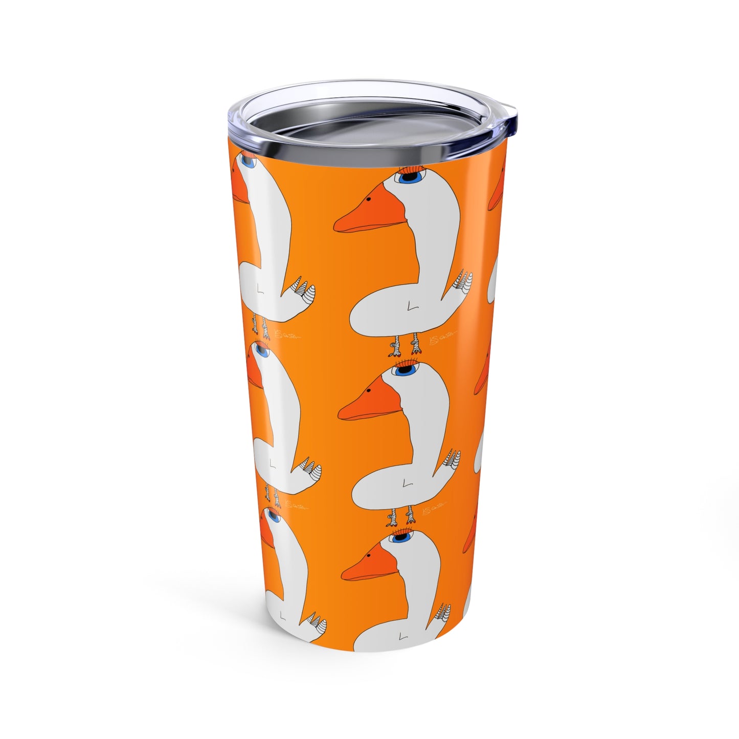 The Printify Duck 20oz Tumbler is a tall stainless steel tumbler with a clear lid, featuring an orange background and a pattern of cartoon white geese. It keeps your drinks at the perfect temperature.