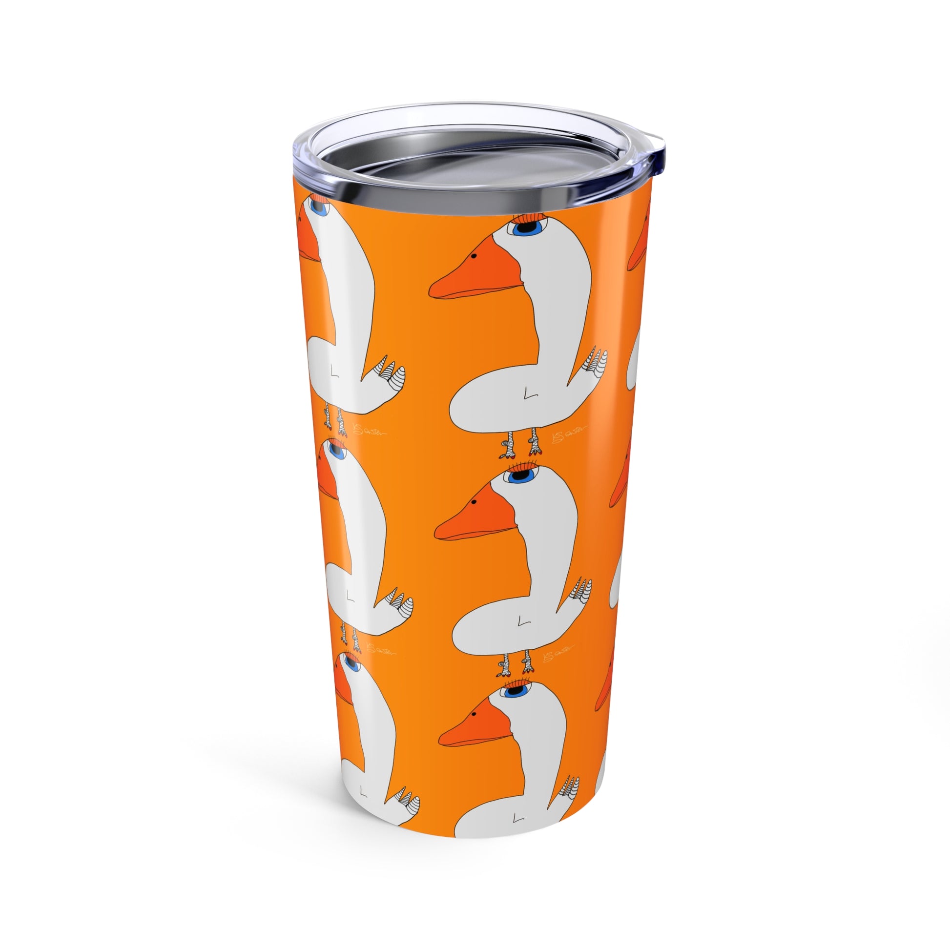 The Printify Duck 20oz Tumbler is a tall stainless steel tumbler with a clear lid, featuring an orange background and a pattern of cartoon white geese. It keeps your drinks at the perfect temperature.