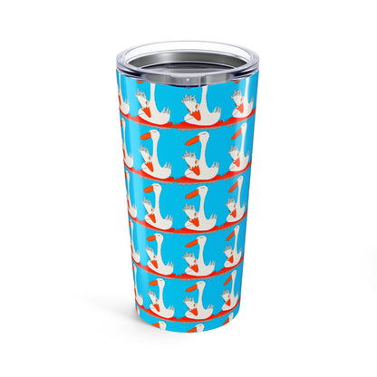 The Many Ducks 20oz Tumbler by Printify features a blue background with a repeating pattern of crowned white geese holding red hearts in their beaks, all on durable stainless steel.