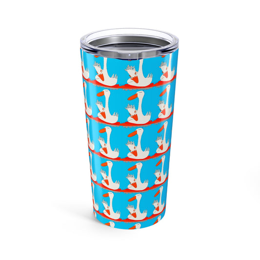 The Many Ducks 20oz Tumbler by Printify features a blue background with a repeating pattern of crowned white geese holding red hearts in their beaks, all on durable stainless steel.