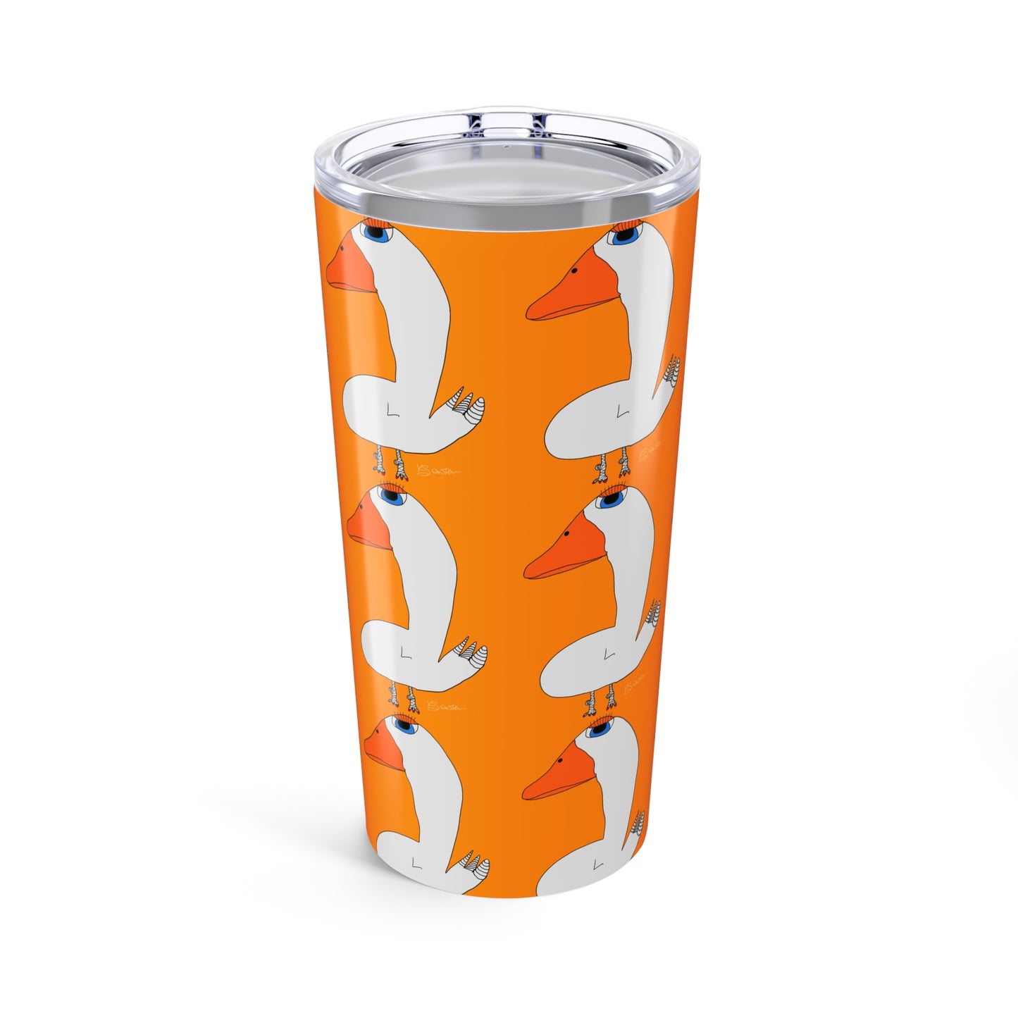 The Duck 20oz Tumbler by Printify is a tall orange insulated stainless steel tumbler with a clear lid, featuring white cartoon geese with orange beaks and legs in alternating directions. Dishwasher safe.