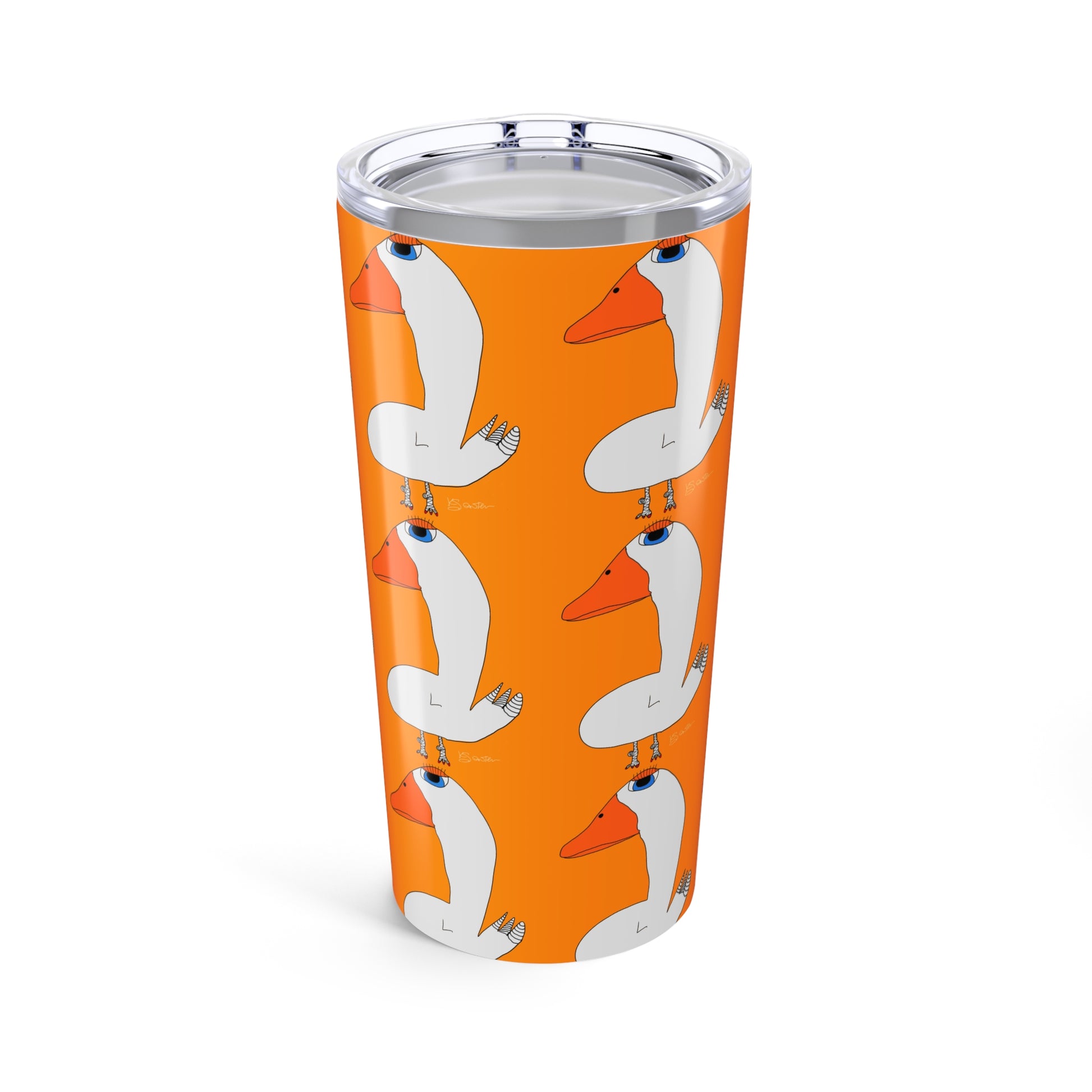 The Duck 20oz Tumbler by Printify is a tall orange insulated stainless steel tumbler with a clear lid, featuring white cartoon geese with orange beaks and legs in alternating directions. Dishwasher safe.