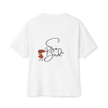 The Recovery Support Unisex Tee by Printify is a white oversized shirt with a small red and brown illustrated bird and bold cursive “Soul Bird” on the back, crafted from comfortable fabric for everyday wear and subtle recovery support.
