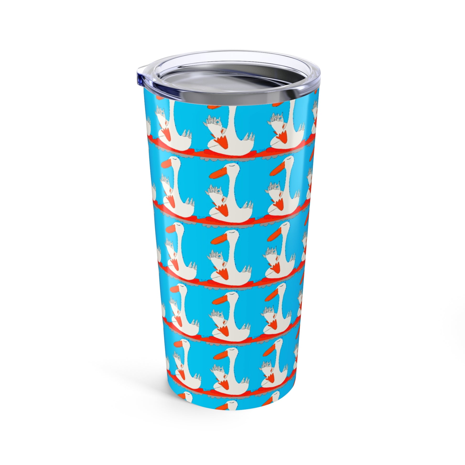 The Many Ducks 20oz Tumbler by Printify features white geese in red scarves and hats on a bright blue background. This stainless steel, vacuum-insulated tumbler includes a clear plastic lid to keep drinks hot or cold longer.
