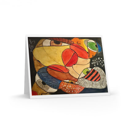 The Printify "Greeting Card Set - 'We' Thing Friends in Recovery BLANK" showcases abstract, colorful overlapping shapes and bold lines—an uplifting card to support a friend on their recovery journey. Stands upright to display the vivid design.