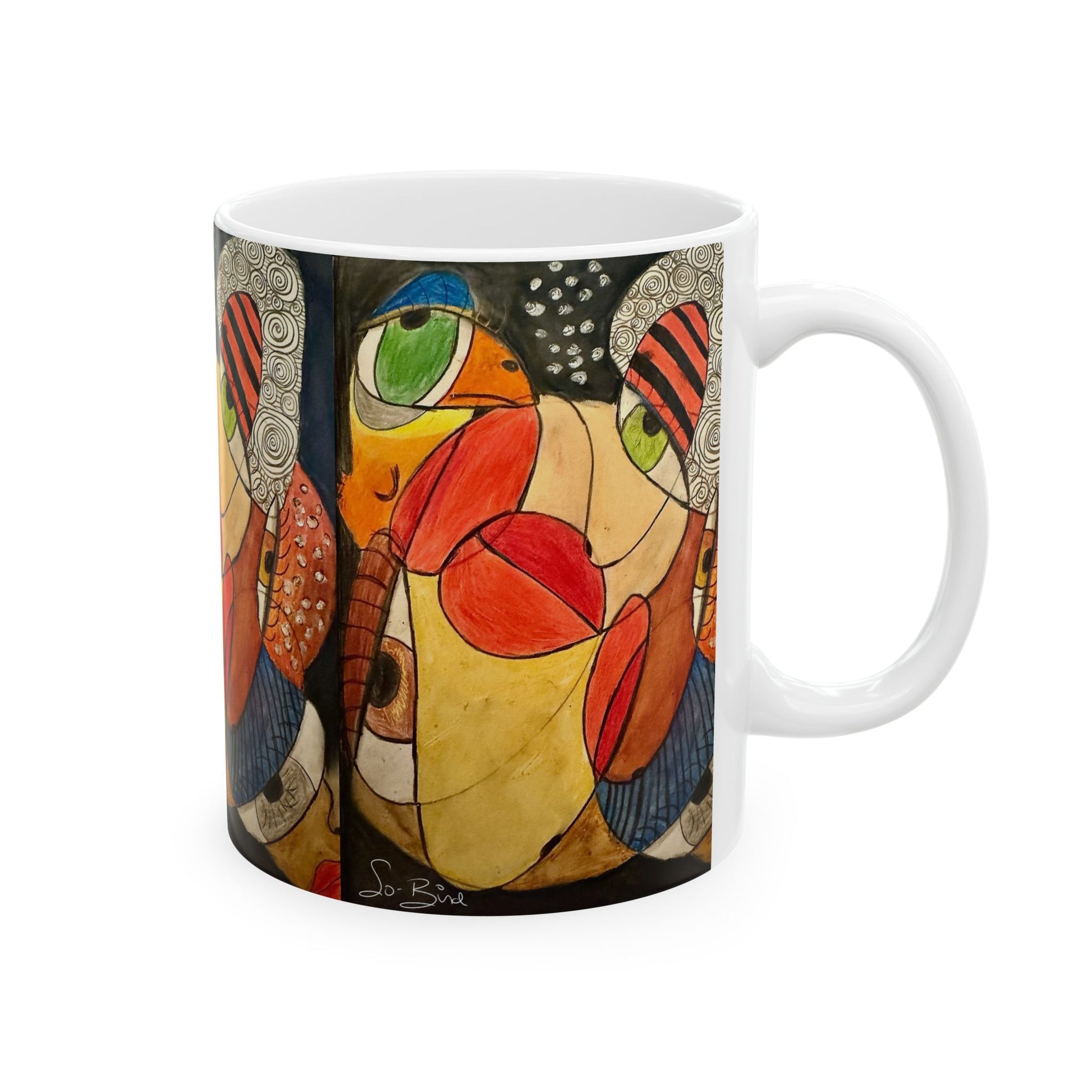 Enjoy your morning coffee with the Ceramic Mug - It's a WE thing Recovery and Sober Gift by Printify, featuring colorful abstract art, bold shapes, vibrant patterns, and the artist's signature—a perfect choice for embracing a sober lifestyle.