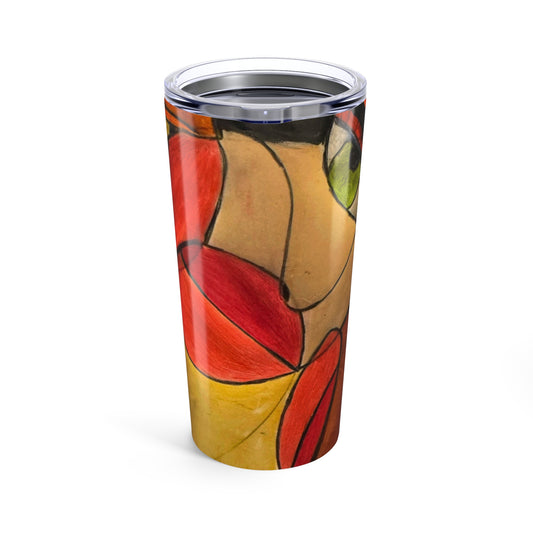 The Printify "It's a WE thing" 20oz stainless steel tumbler features an abstract, colorful design with red, orange, yellow, green, and black shapes. Its vacuum insulation keeps drinks at the perfect temperature.