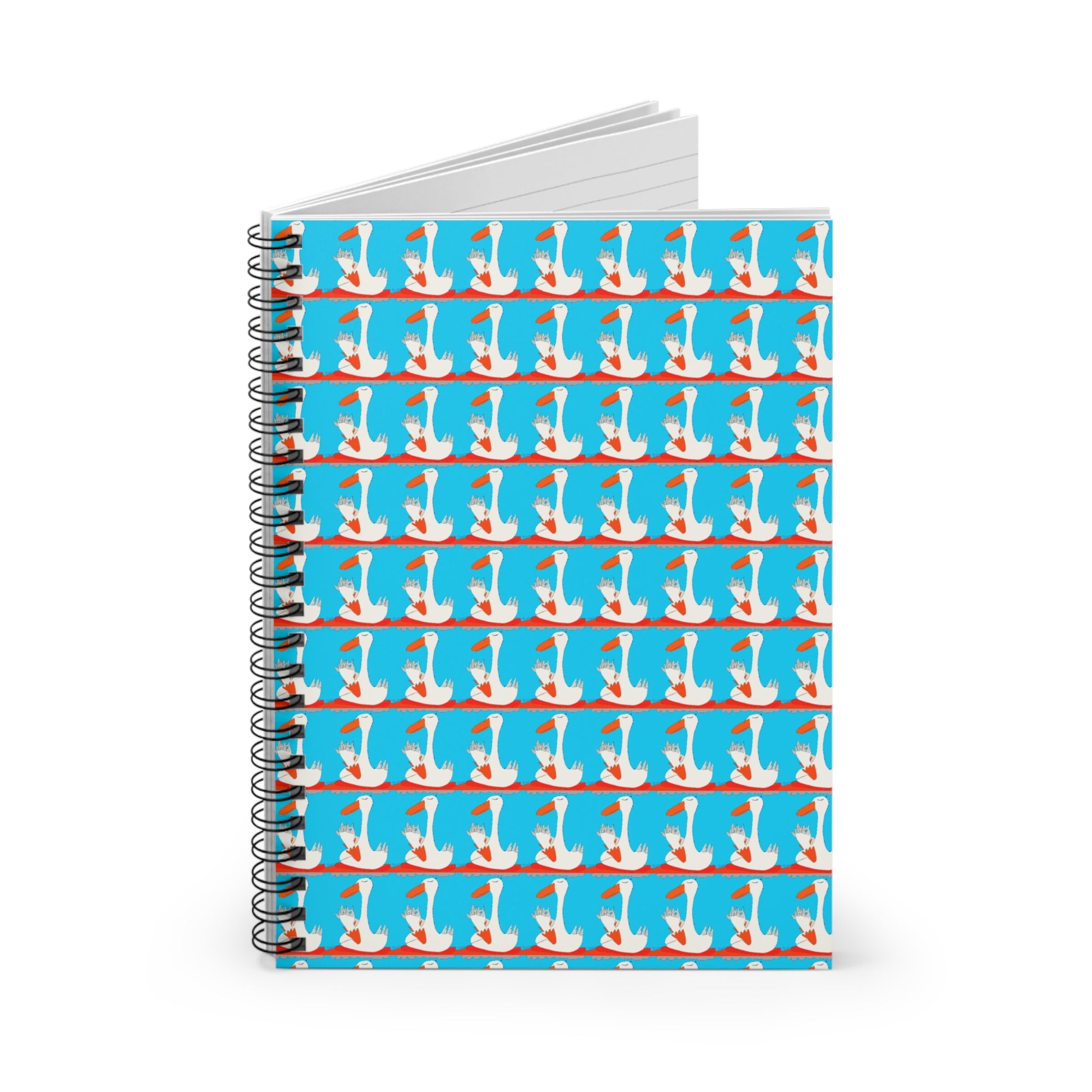 The Many Ducks - Spiraled Notebook- Ruled Line by Printify has 118 ruled pages and a bright blue cover with a repeating pattern of white ducks with orange beaks and feet, standing on a branch.
