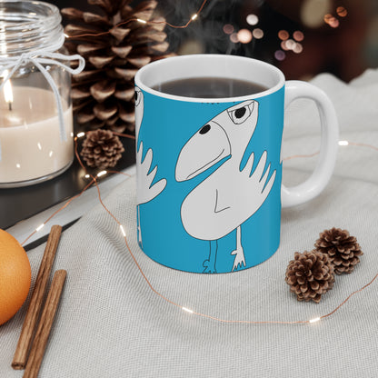 The 1:1 - Mug - 11oz by Printify features a quirky bird illustration on a blue background. With coffee inside and cozy accents like pinecones and cinnamon sticks, it’s an ideal sobriety gift for relaxing moments.