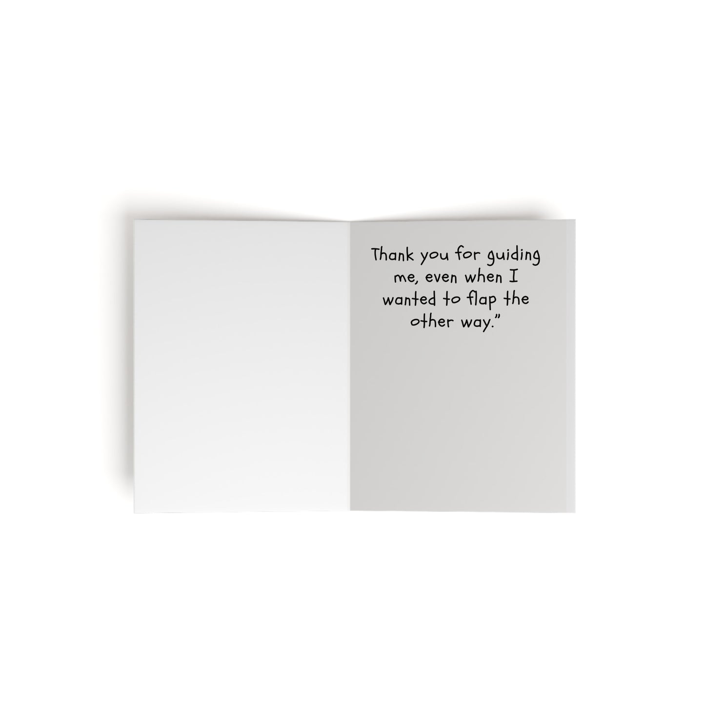 The "Greeting Cards - I Surrender - I am here - I am willing - Helping us Step by Step Recovery Set" by Printify features an open card with the message: "Thank you for guiding me, even when I wanted to flap the other way." Left side is blank.