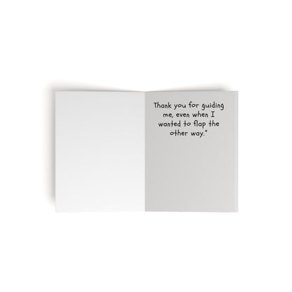 The "Greeting Cards - I Surrender - I am here - I am willing - Helping us Step by Step Recovery Set" by Printify features an open card with the message: "Thank you for guiding me, even when I wanted to flap the other way." Left side is blank.