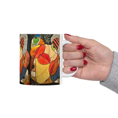 A hand with red nail polish holds the Printify Ceramic Mug - It's a WE thing Recovery and Sober Gift, featuring bold abstract art in red, green, orange, and black. A light gray sleeve is visible—perfect for morning coffee and celebrating sobriety.