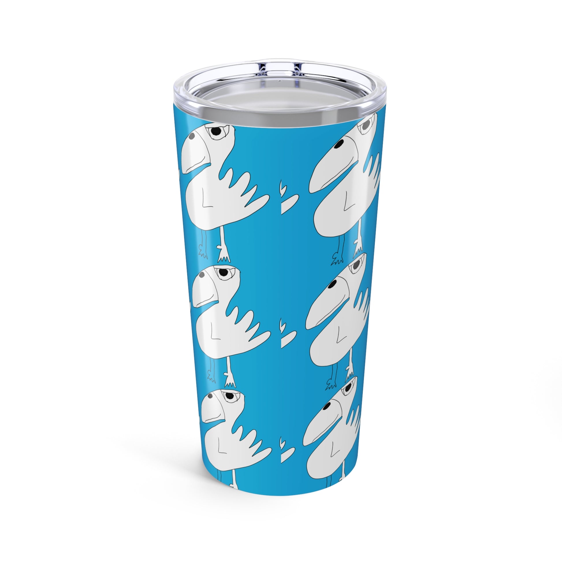 The Printify 1:1 20oz Tumbler features white cartoon birds holding hearts on a bright blue background. Its stainless steel, vacuum-insulated design keeps drinks hot or cold—perfect for travel.
