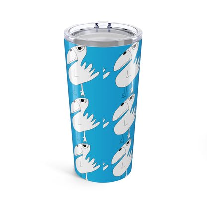 The Printify 1:1 20oz Tumbler features white cartoon birds holding hearts on a bright blue background. Its stainless steel, vacuum-insulated design keeps drinks hot or cold—perfect for travel.