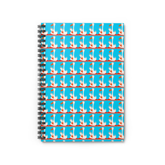 The Many Ducks - Spiraled Notebook- Ruled Line by Printify features 118 ruled pages and a cover with cartoon ducks on orange surfaces against a bright blue background.