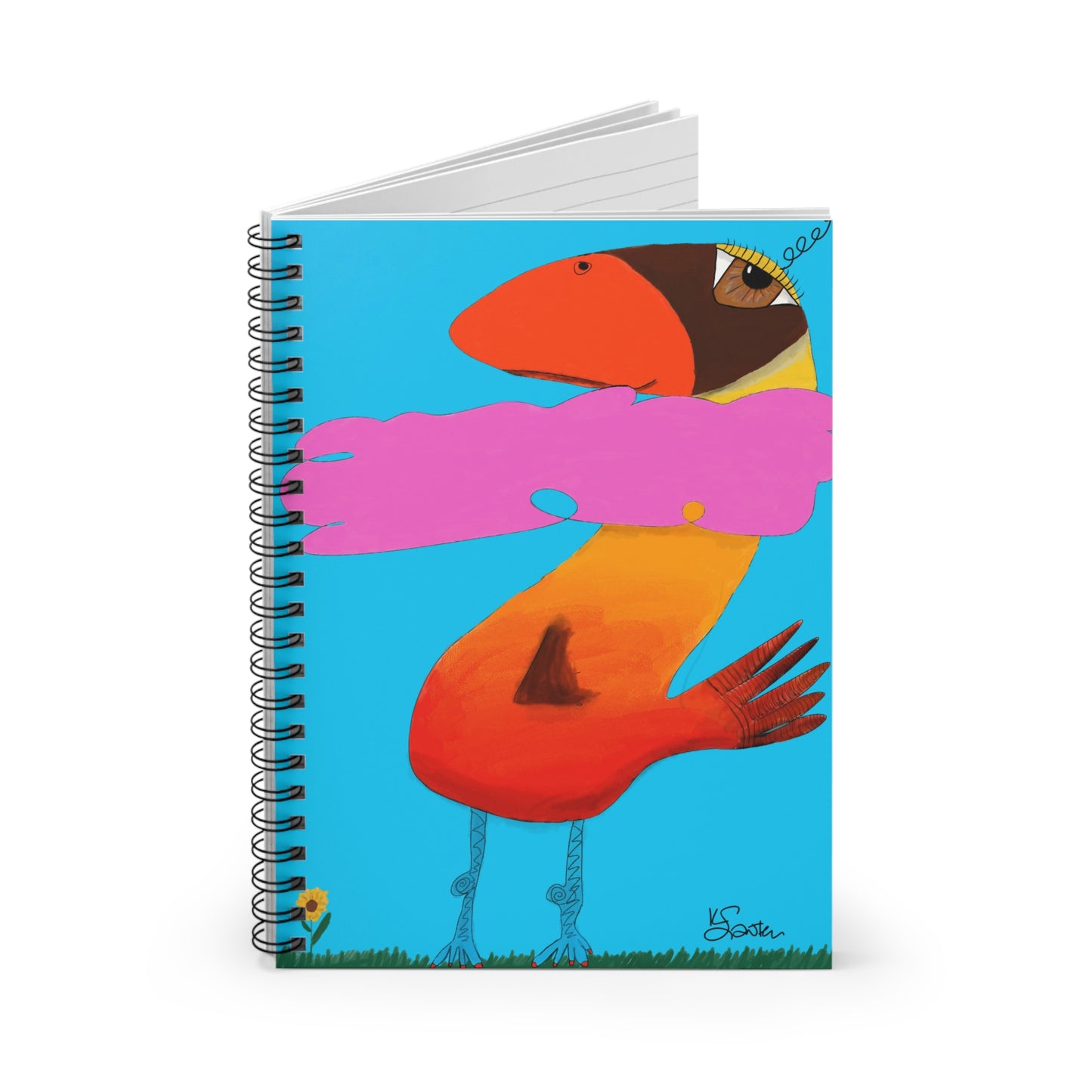The Printify Spiral Notebook - Pink Cloud Recovery Journal Ruled Line features a quirky orange bird with long legs, a large eye, and a pink cloud across its chest on a bright blue cover—perfect for whimsical journaling.