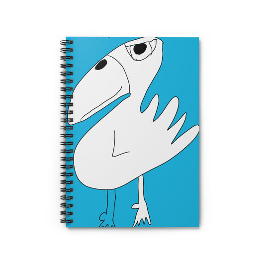 The 1:1 - Spiraled Notebook- Ruled Line by Printify has 118 ruled pages and a blue cover featuring an abstract white bird with a big beak, expressive eye, and simple line wings and legs.