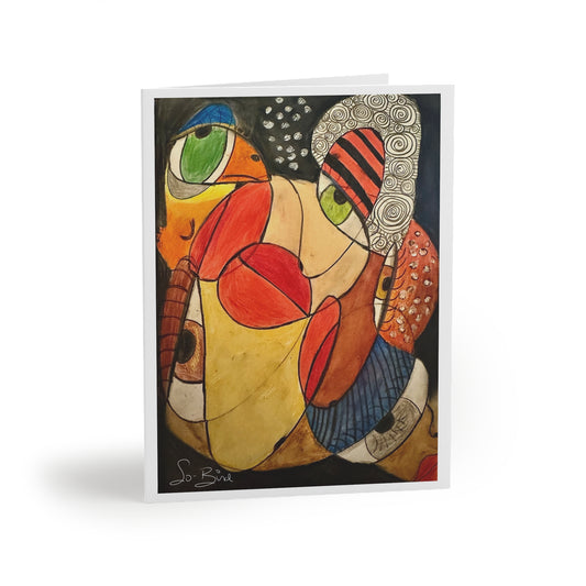The Printify Greeting Card Set - 'We' Thing Friends in Recovery BLANK features a surreal face made of colorful, overlapping shapes, bold outlines, green and blue eyes, and intricate patterns—perfect for supporting a friend in recovery. Signature “So Bine” included.