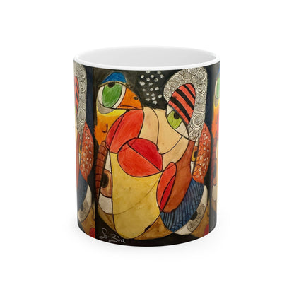 The Printify Ceramic Mug - It's a WE thing Recovery and Sober Gift features vibrant abstract art with bold, cubist-style faces—perfect for morning coffee and supporting a sober lifestyle.