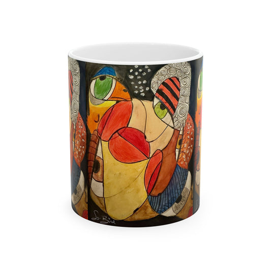 The Printify Ceramic Mug - It's a WE thing Recovery and Sober Gift features vibrant abstract art with bold, cubist-style faces—perfect for morning coffee and supporting a sober lifestyle.
