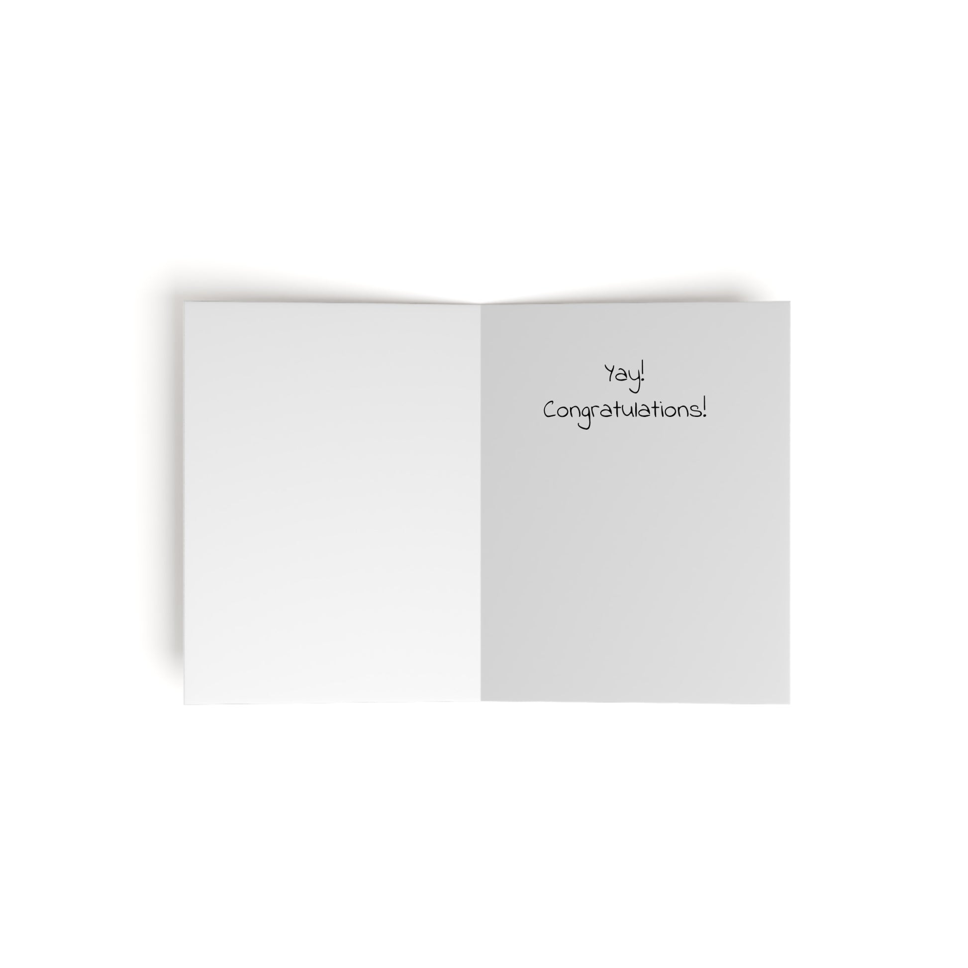 The Printify Greeting Cards Recovery Celebration features an open card with a blank left side and "Yay! Congratulations!" in playful font on the right, set against a plain white background.