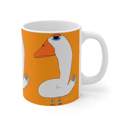 The Duck Mug - 11oz by Printify showcases a cartoon white goose with big eyelashes and an orange beak on a vibrant orange background—an ideal recovery coffee mug or gift for someone embracing a sober lifestyle.