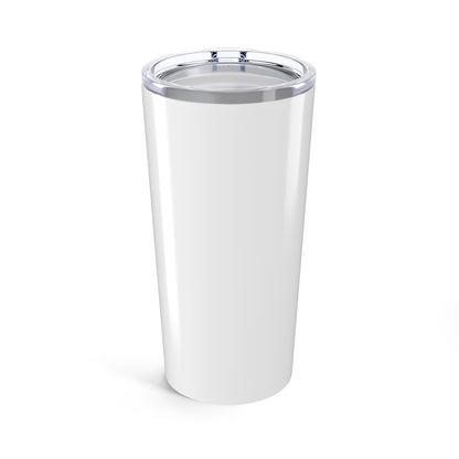 The Recovery Celebration - 20 oz Tumbler by Printify is a tall, white stainless steel tumbler with double-wall insulation and a clear plastic lid, displayed on a plain white background.