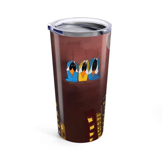 The Three Birds On A Wire 20oz Tumbler by Printify features a maroon background with three stylized blue, yellow, and orange birds perched together, set against abstract buildings and a glowing full moon.