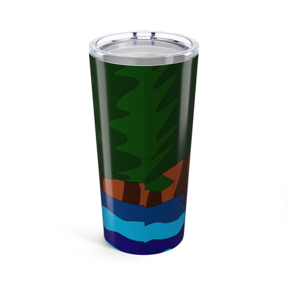 The Made a Decision 20oz stainless steel tumbler by Printify features a vivid, stylized landscape with tall green trees, brown ground, and blue water in a simple, bold design.