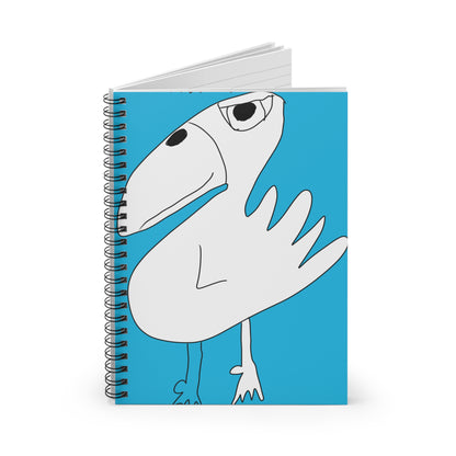 The Printify 1:1 - Spiraled Notebook- Ruled Line features a durable cover with a simple cartoon white bird, oversized beak, and large eye on a bright blue background.