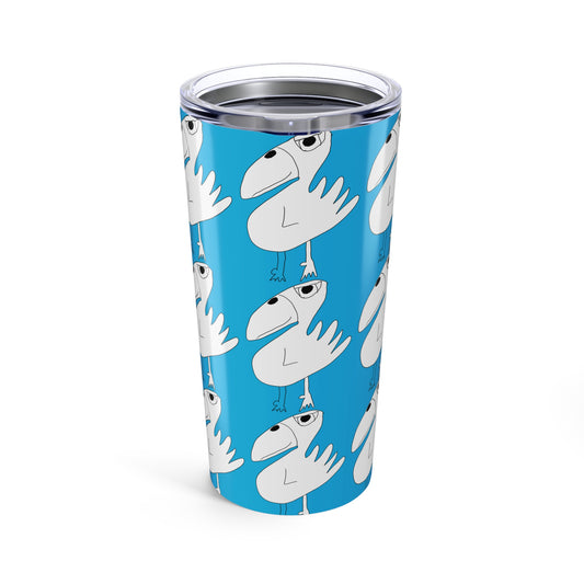 The Printify 1:1 20oz tumbler features a vibrant blue design with whimsical white cartoon birds and is vacuum insulated to keep your drinks at the ideal temperature.