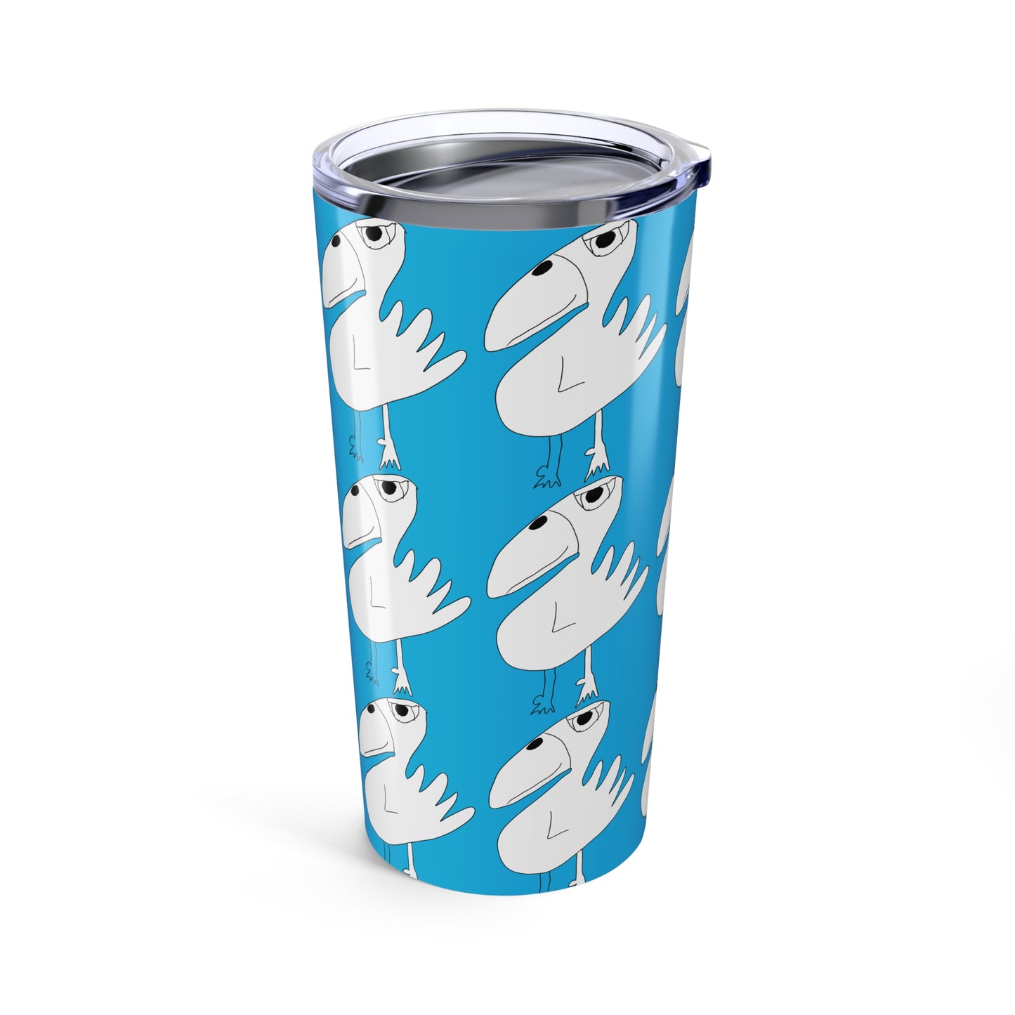 The Printify 1:1 20oz Tumbler features a whimsical, minimalist blue design with quirky white cartoon birds. Made of durable stainless steel and vacuum insulated to keep drinks fresh.