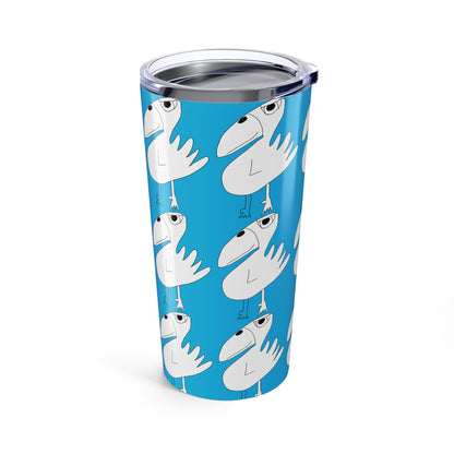 The Printify 1:1 20oz Tumbler features a whimsical, minimalist blue design with quirky white cartoon birds. Made of durable stainless steel and vacuum insulated to keep drinks fresh.