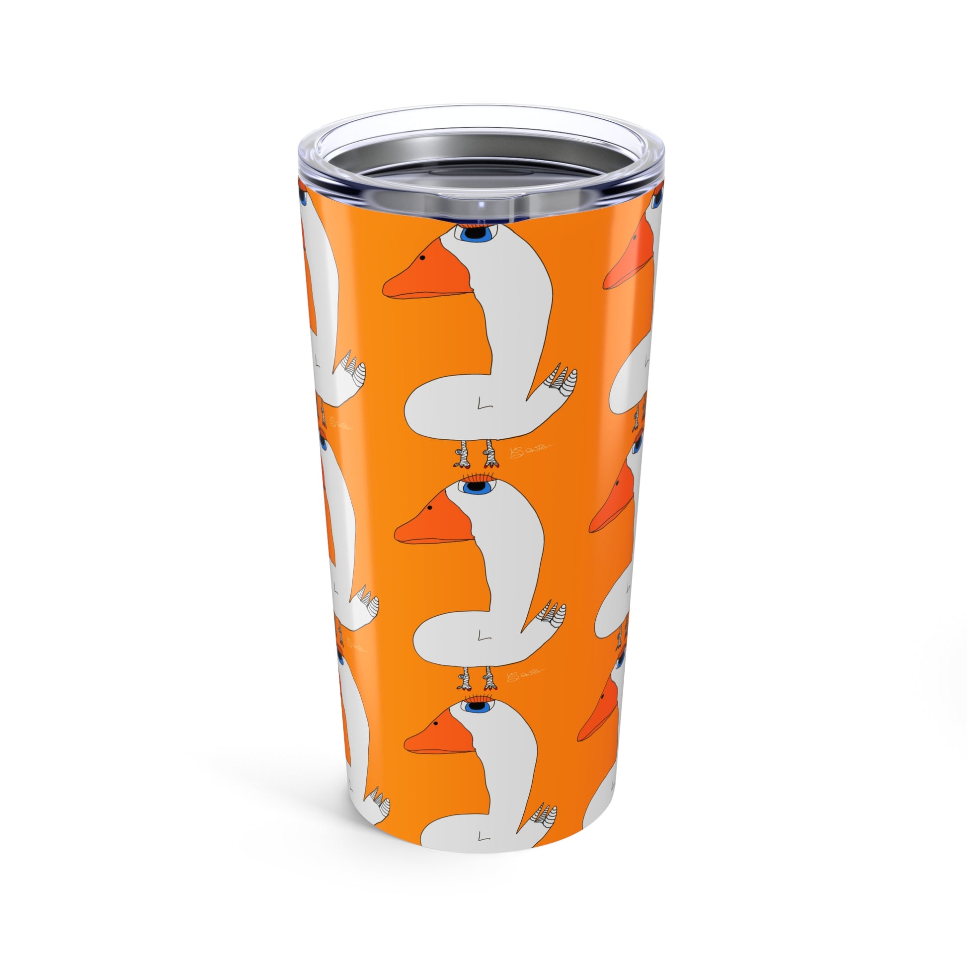 The Duck 20oz Tumbler by Printify features a bright orange background with playful white geese and orange beaks and feet in a cartoon style. This vacuum insulated stainless steel tumbler keeps drinks hot or cold.