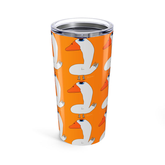 The Duck 20oz Tumbler by Printify features a bright orange background with playful white geese and orange beaks and feet in a cartoon style. This vacuum insulated stainless steel tumbler keeps drinks hot or cold.